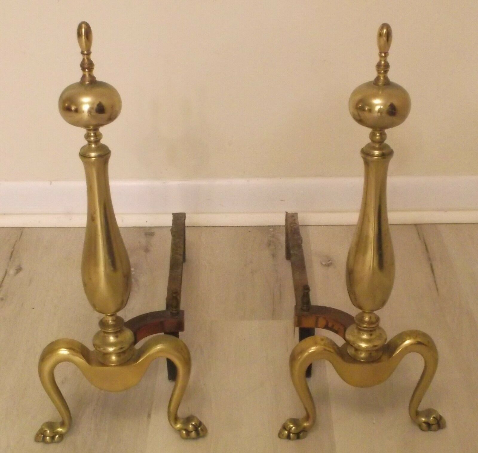 Pair Of Antique Style Vintage Brass Lion Paw Footed Andirons