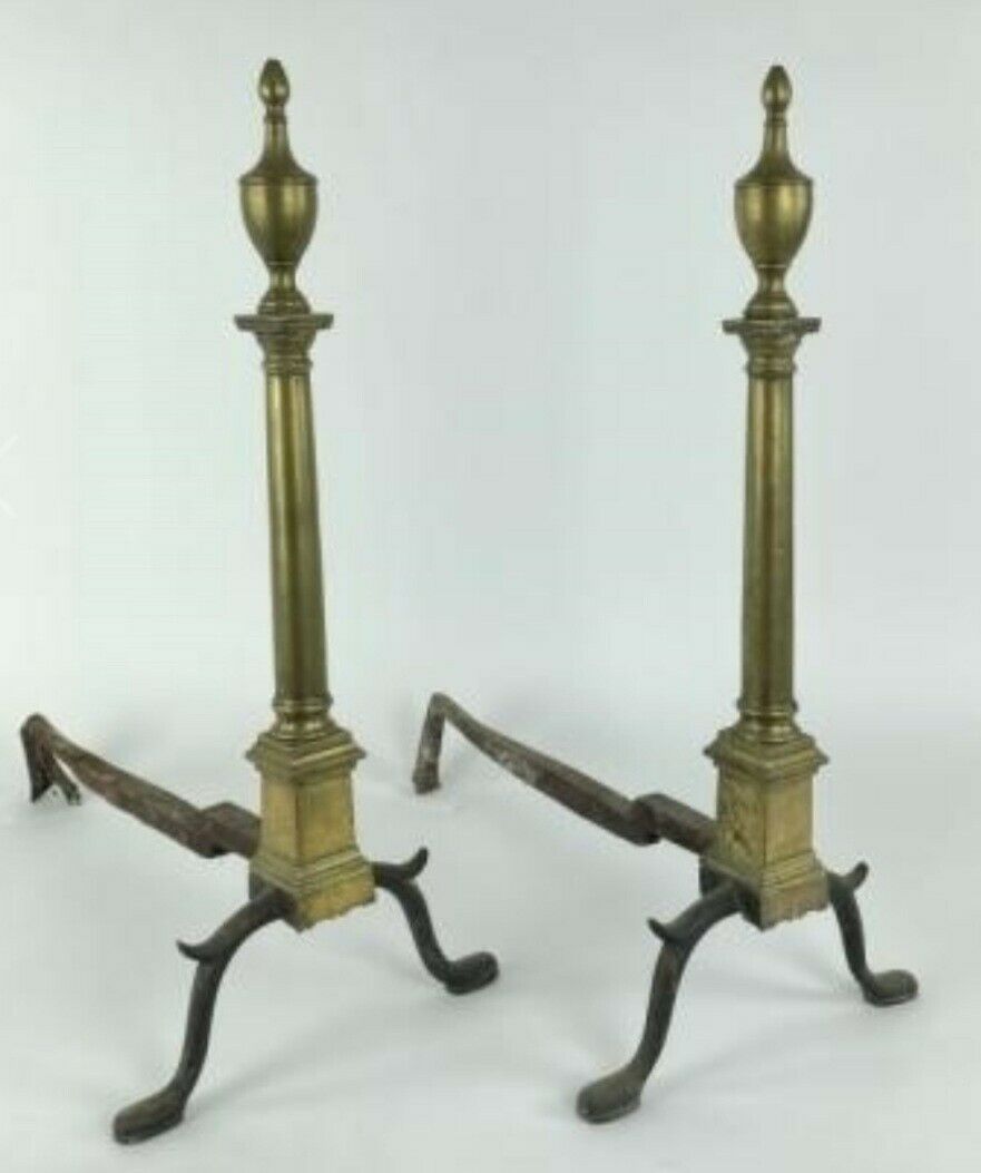 Antique Pair Of Federal Brass & Iron Andirons - Attributed To Daniel King - 1815