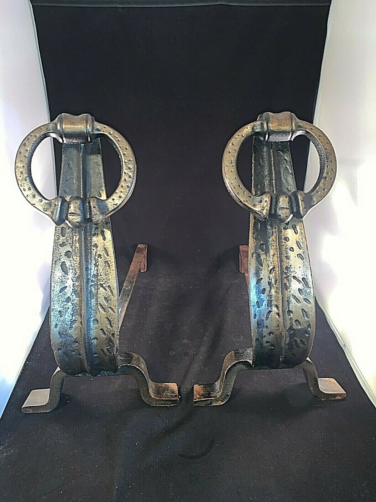 Pair Hammered Iron Fireplace Andirons Mission Arts And Crafts Style